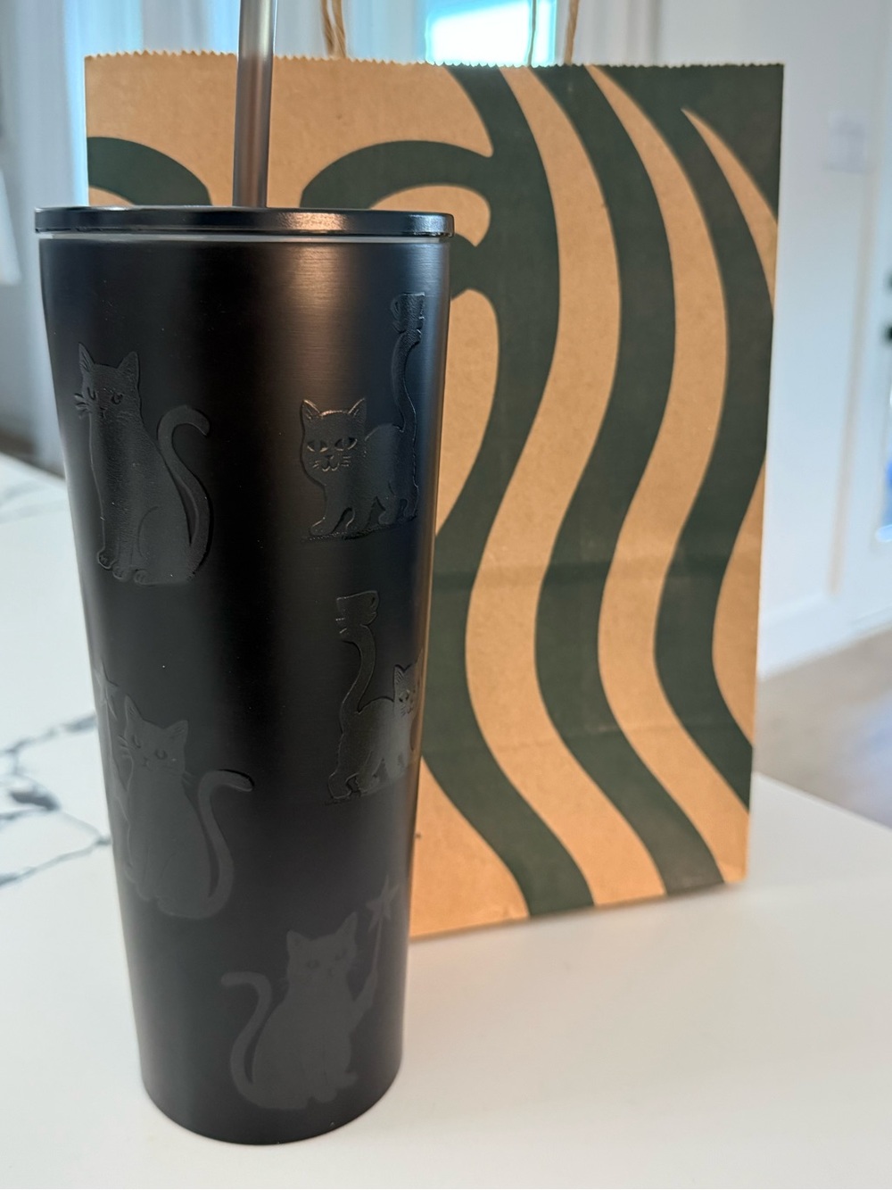 🐾Matte Black Cat-Pattern Insulated Tumbler with Stainless Straw 🐈‍⬛